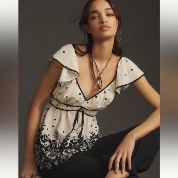 Anthropologie Short Sleeve Tie Back Shirred Blouse - Picture 1 of 10